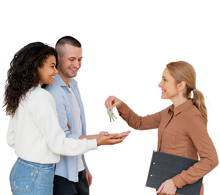 Real estate agent granting keys to a first time home buyer