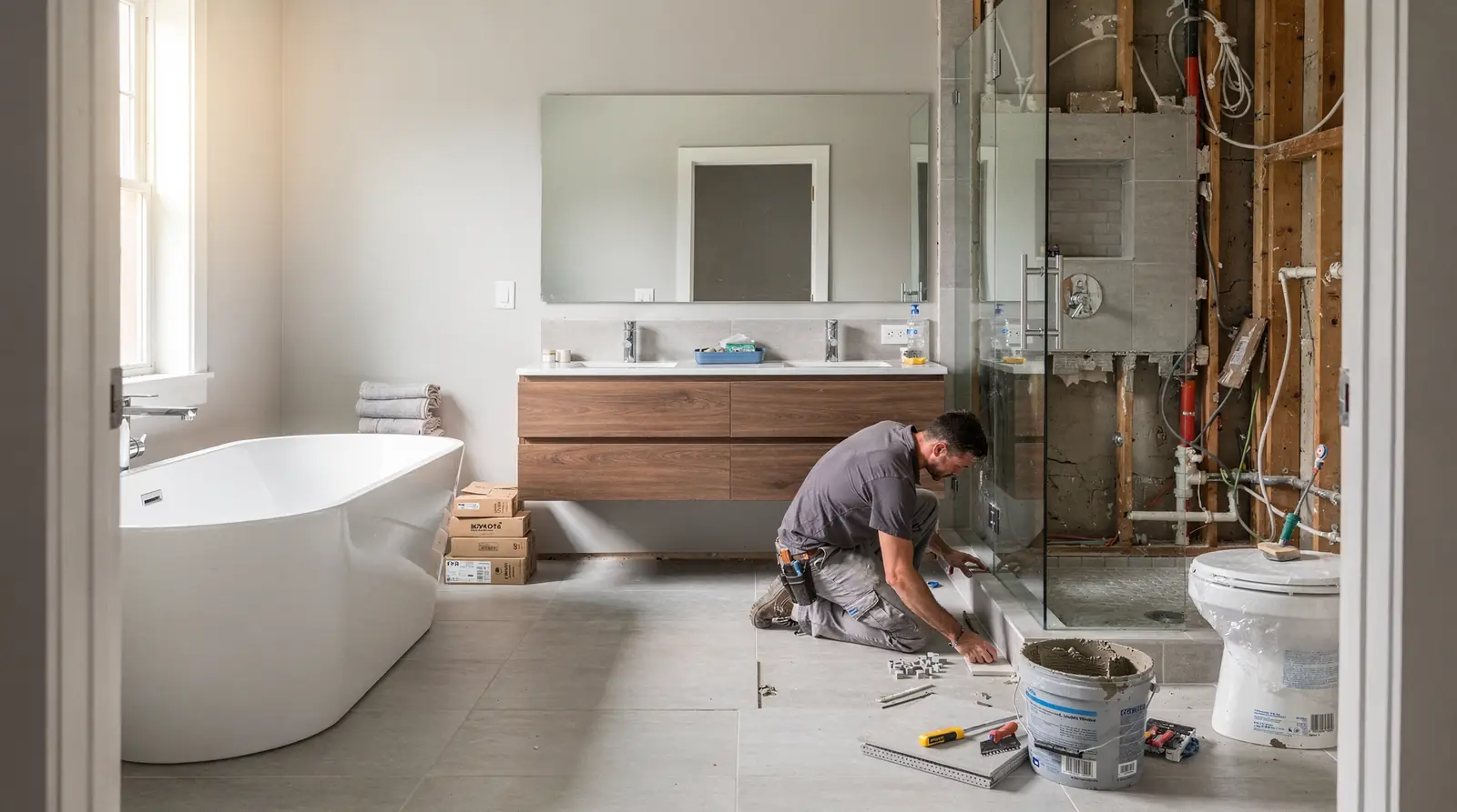 A full bathroom remodel includes layout redesign, fixtures, and tiling.; Modern bathrooms can feature double