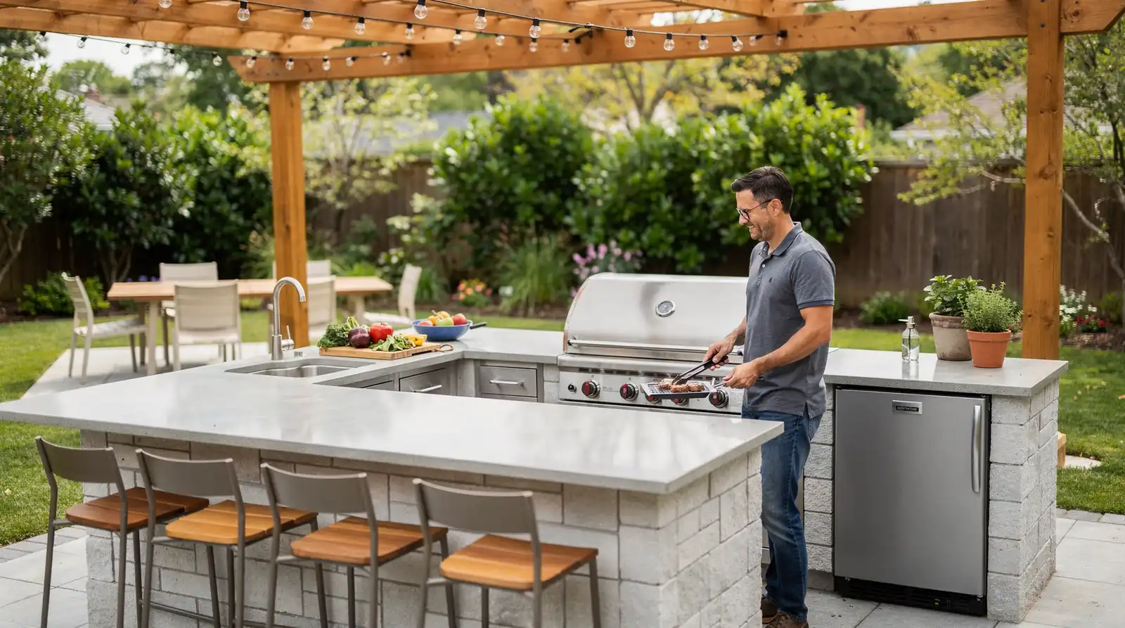 Backyard outdoor kitchen ideas include covered entertainment areas to create an outdoor oasis.; A stylish