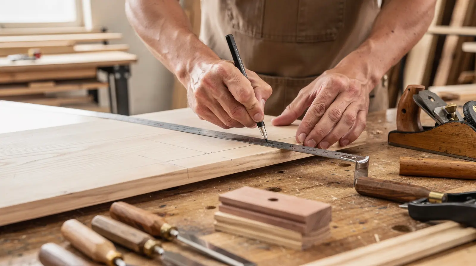 Custom millwork includes decorative elements like built-in desks, hand-lathed newel posts, and other wood pieces