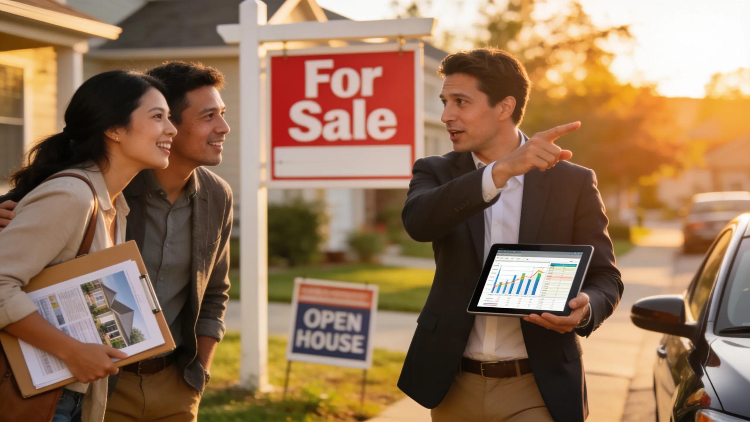 Real estate agent advising buyers on local market conditions outside a property