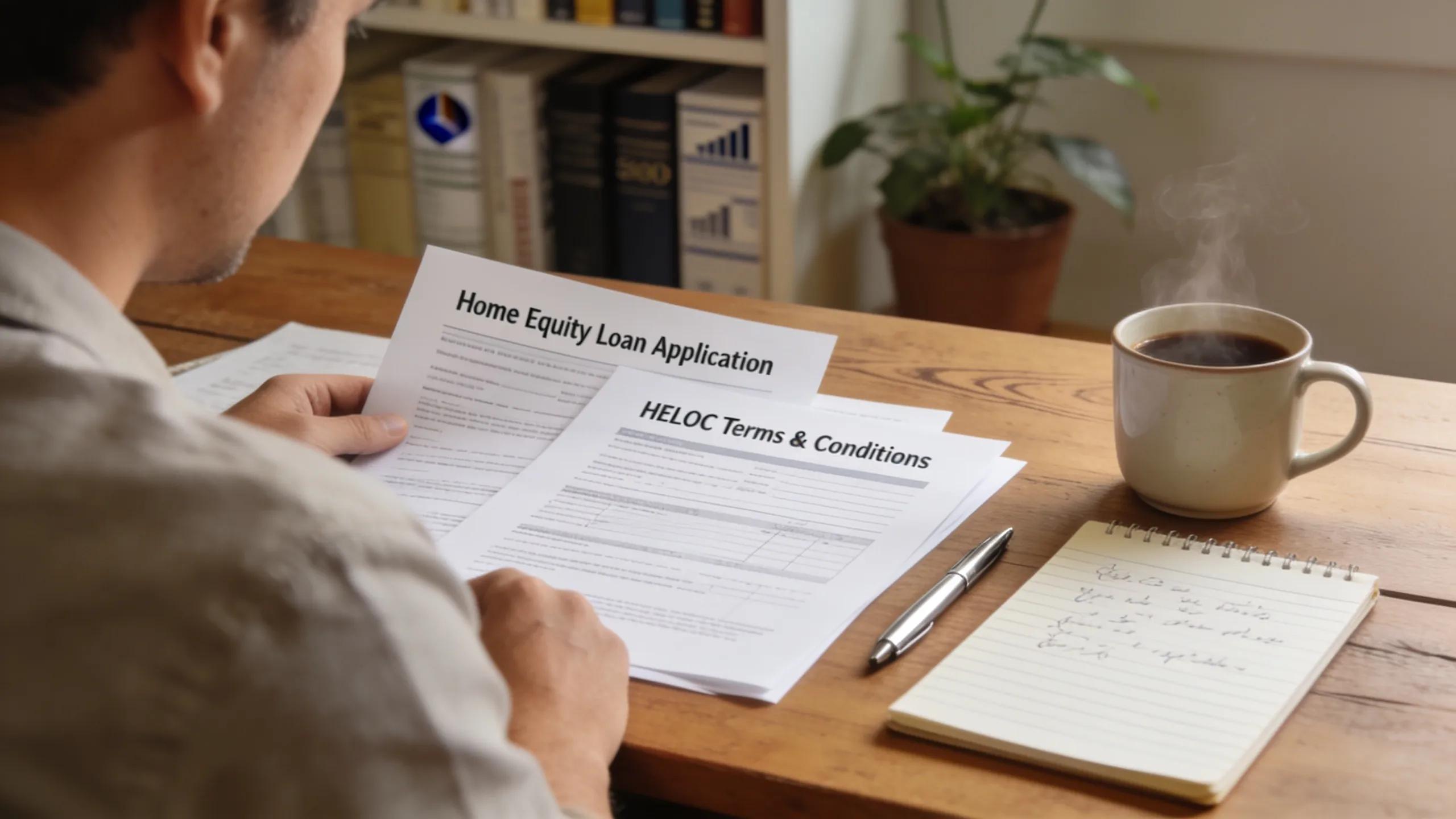 Person reviewing home equity loan and HELOC paperwork in a cozy home office setting