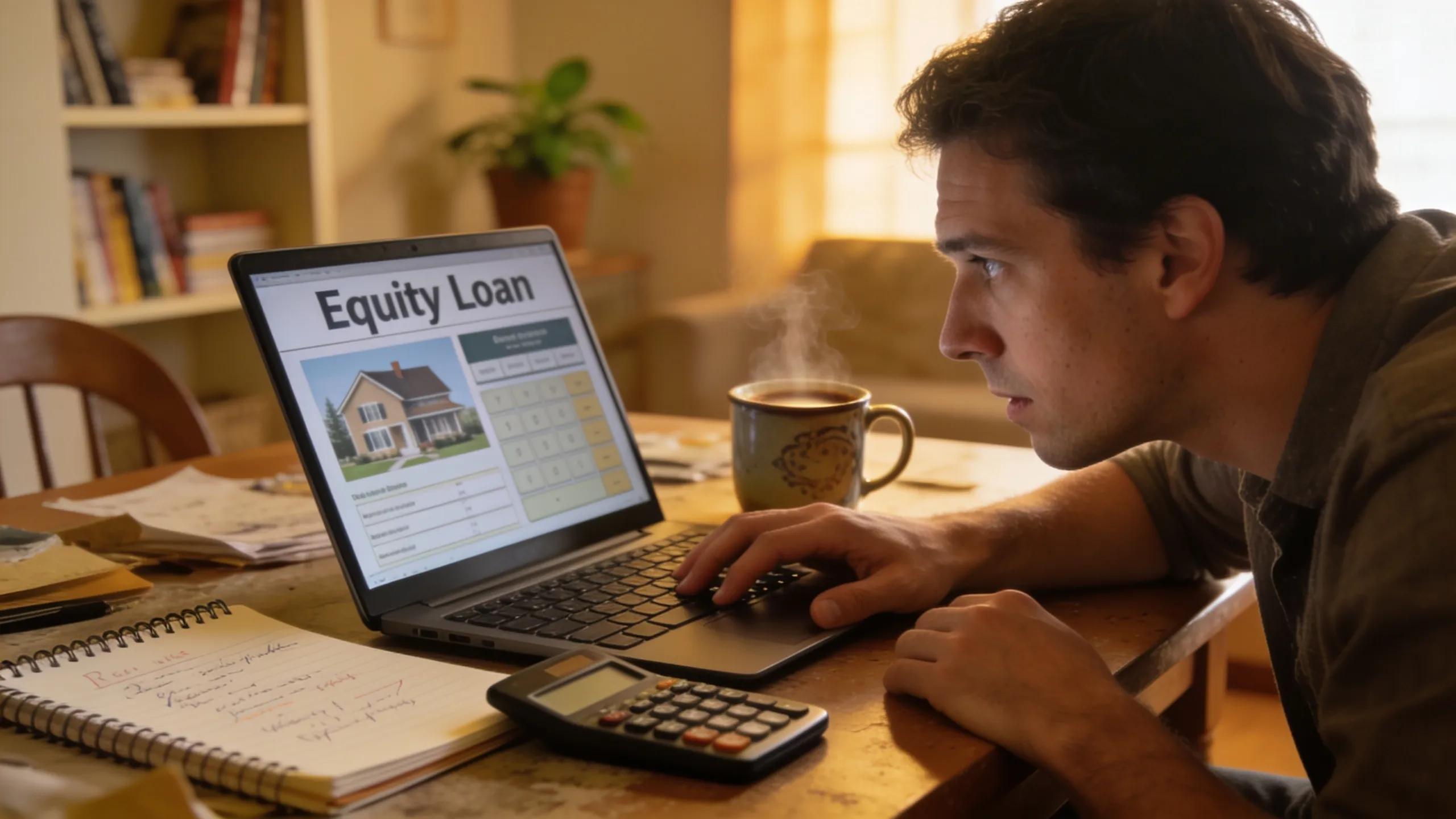 First-time buyer using a laptop to evaluate home equity loan calculators, capturing the essence of financial assessment and commitment.