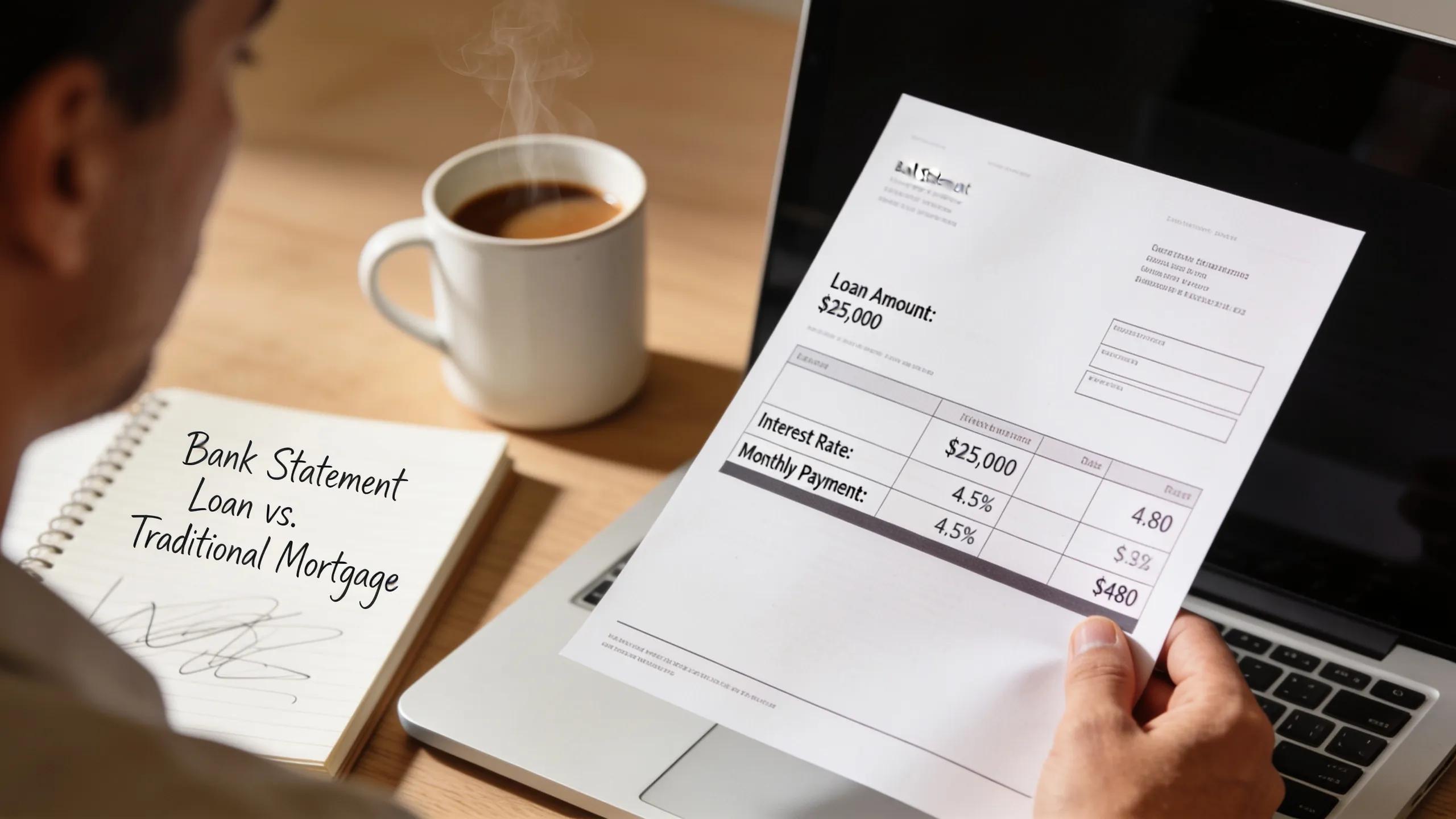 Person holding a bank statement with financial calculations on a desk