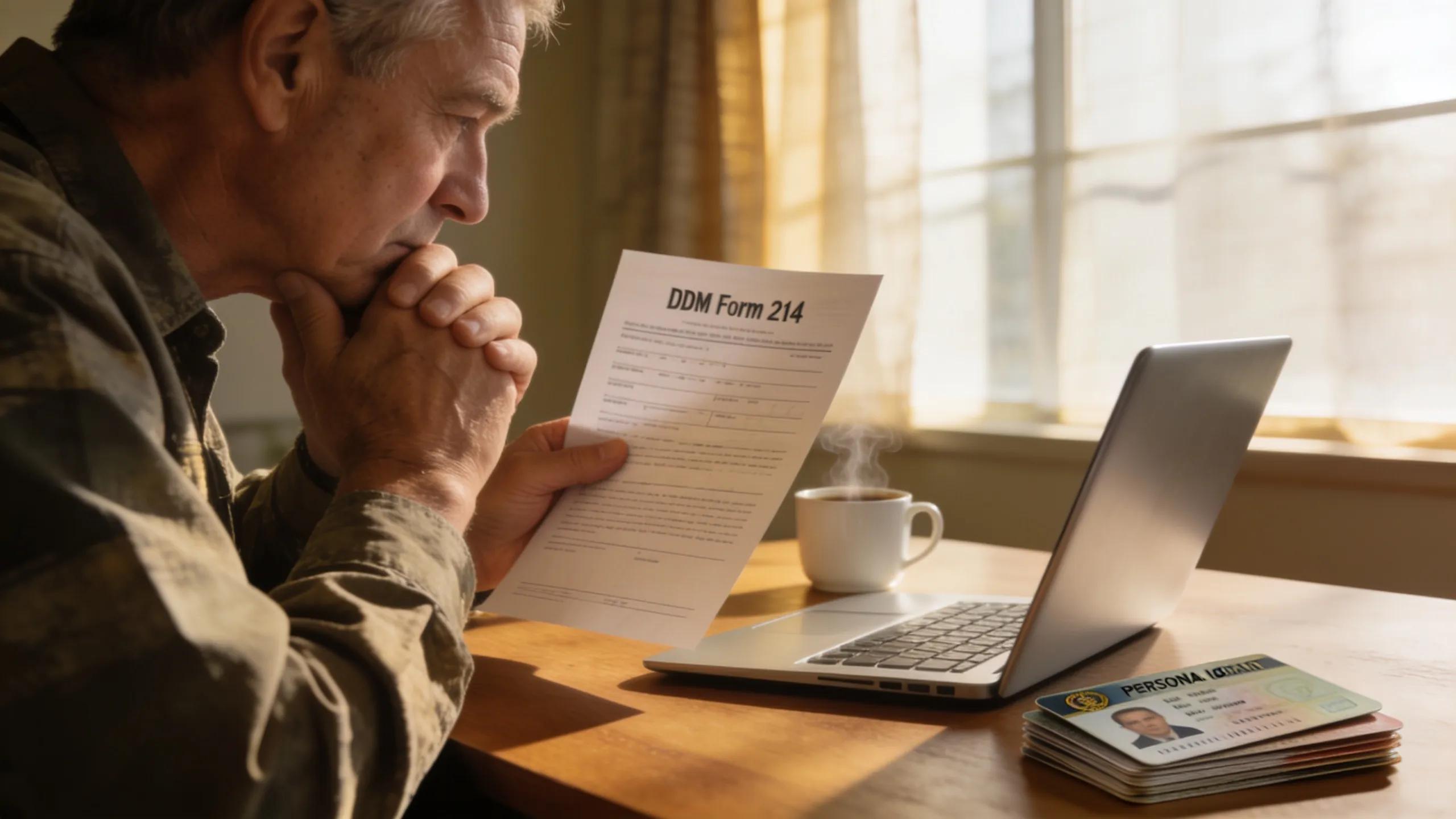 Image of a veteran reviewing DD Form 214 for VA loan status verification
