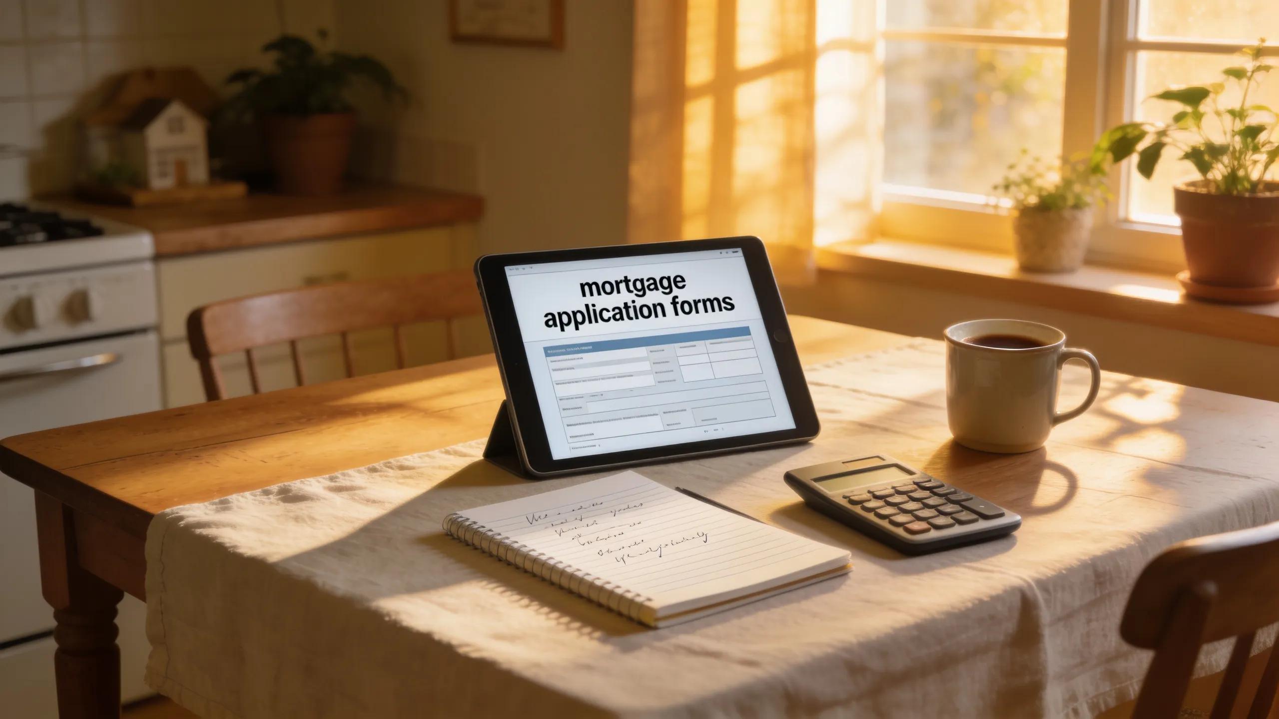 Kitchen table with a tablet showing mortgage application forms, creating a thoughtful home atmosphere