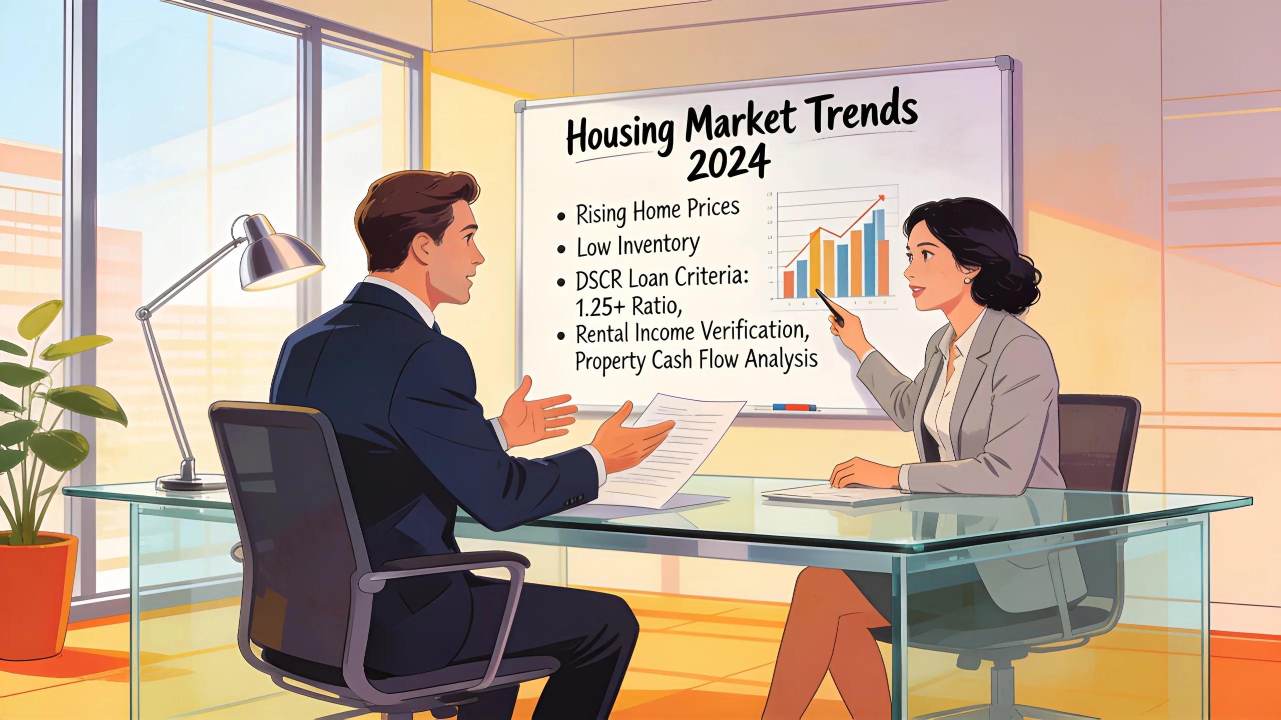 Investor consulting with a loan specialist about DSCR loan criteria in a modern office environment