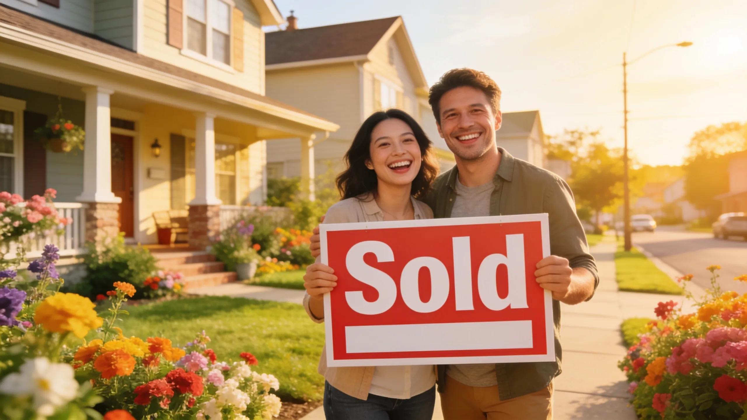 Happy couple celebrating a home sale outside a house, representing quick closing with cash home buyers