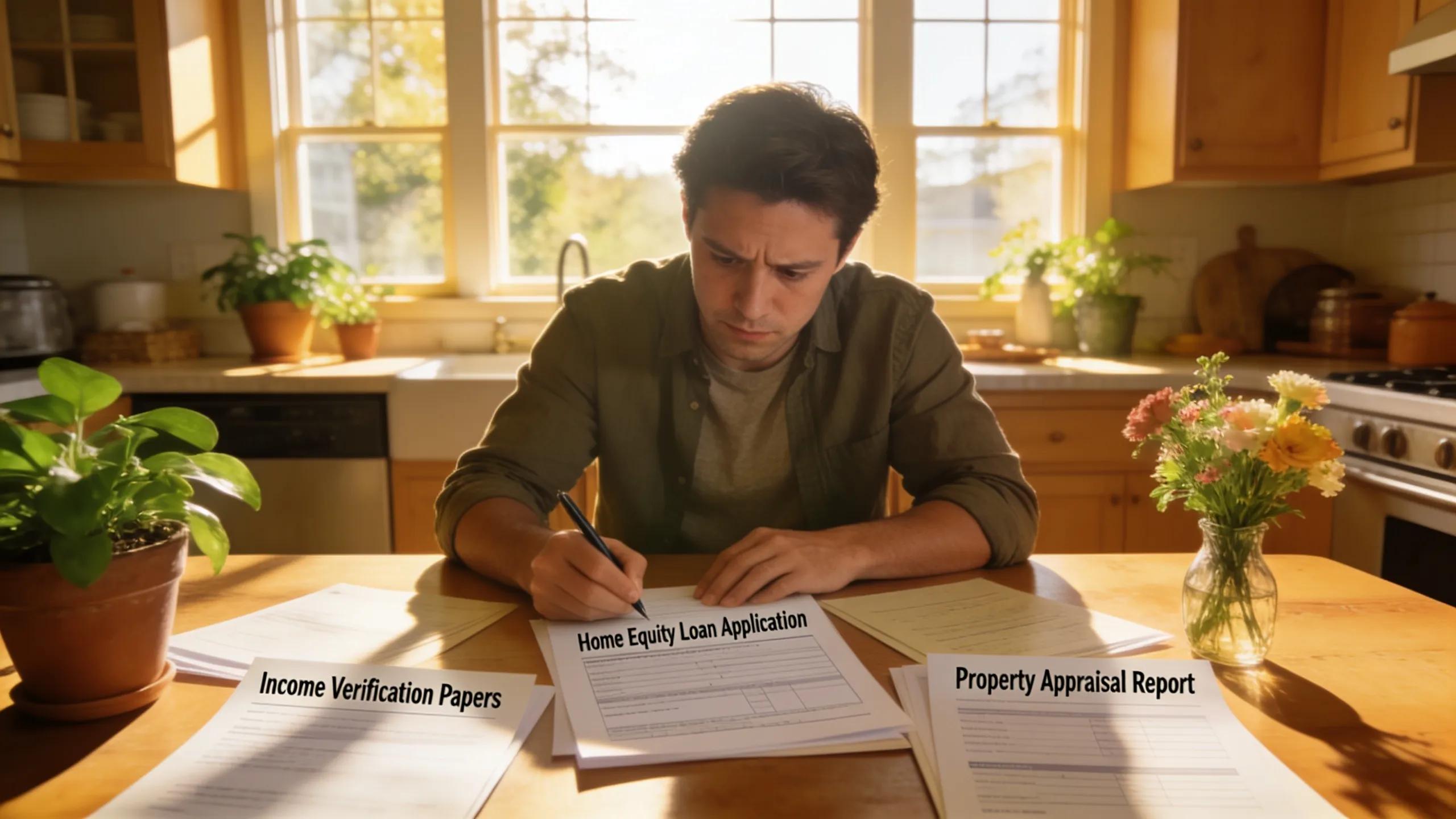 First-time home buyer completing a home equity loan application at a kitchen table, emphasizing the preparation and commitment involved.