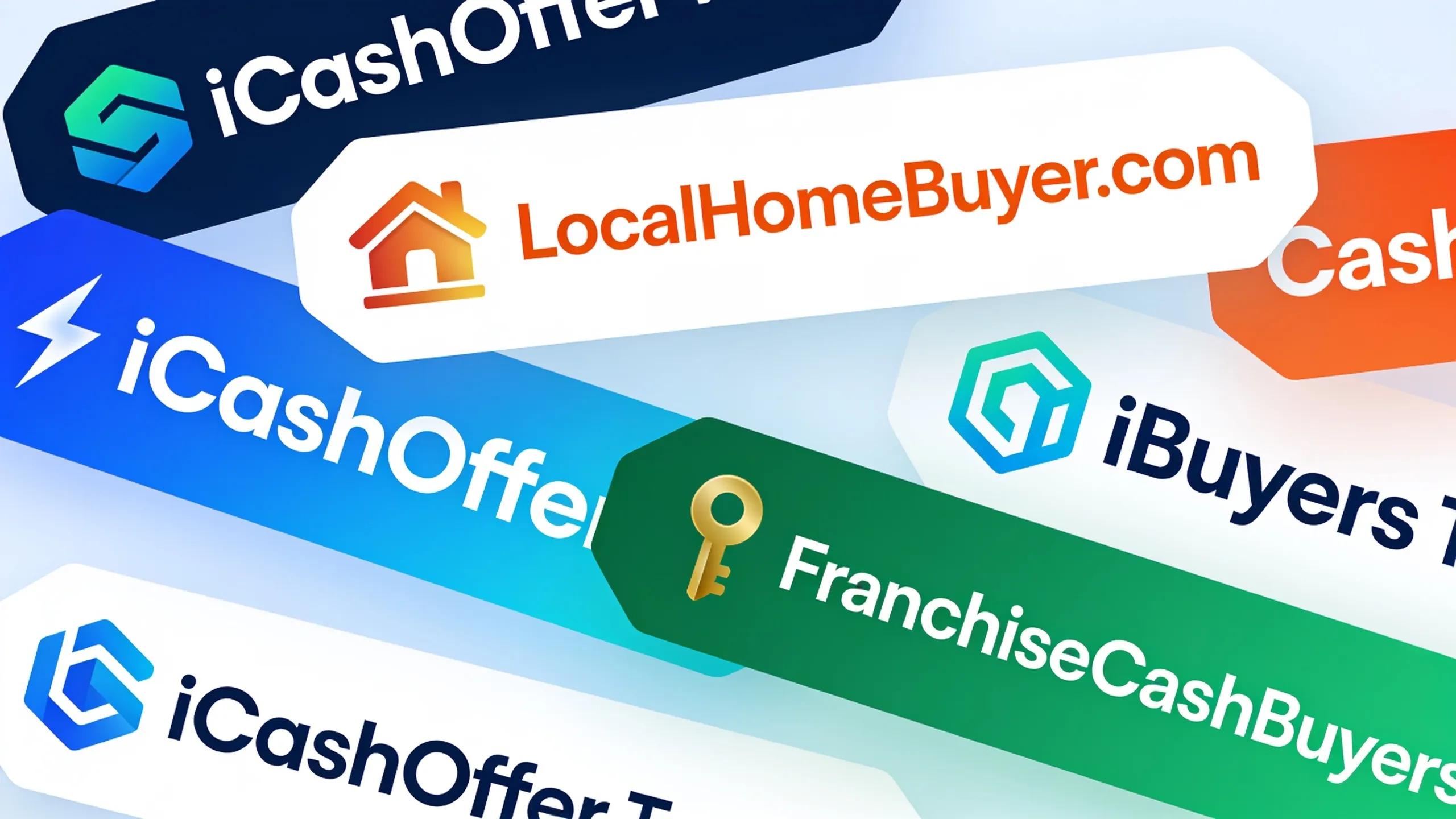 Comparison of logos from various cash home buying companies representing local buyers, national iBuyers, and franchises