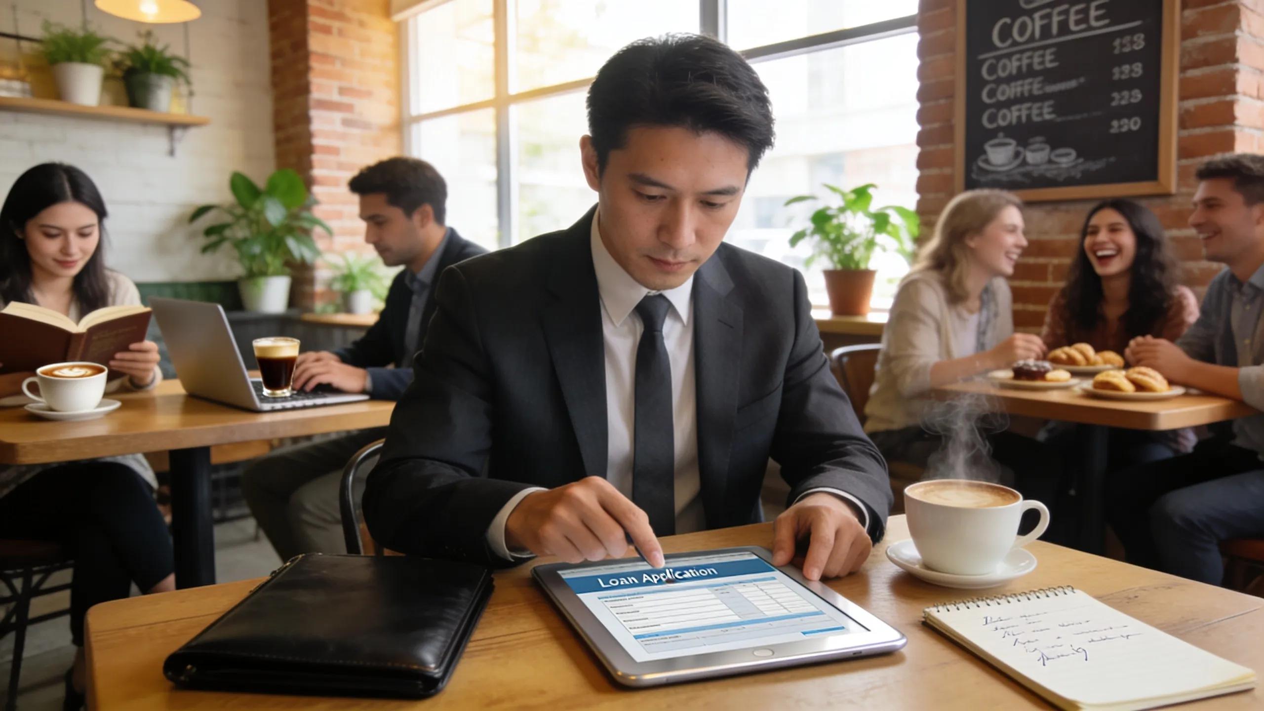 Real estate investor applying for a DSCR loan using a tablet in a bustling coffee shop