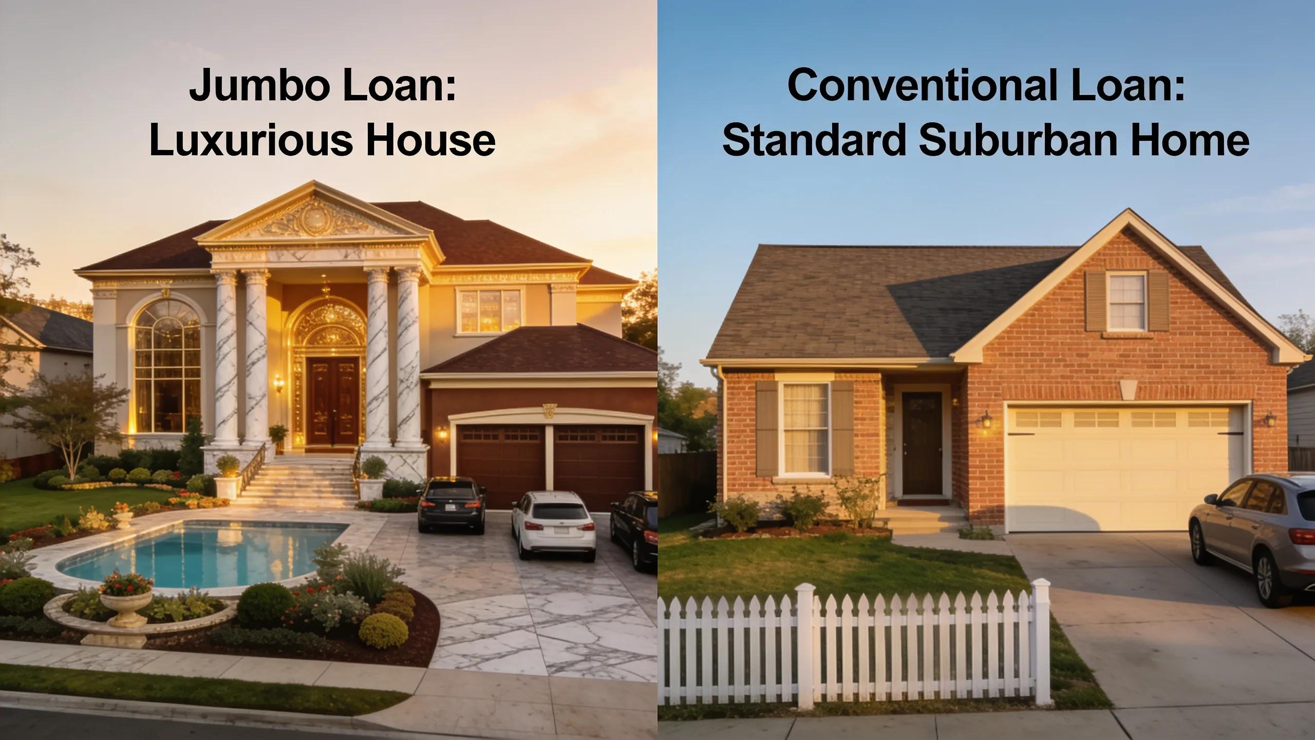 Luxurious home representing jumbo loan alongside a standard suburban home for conventional loan
