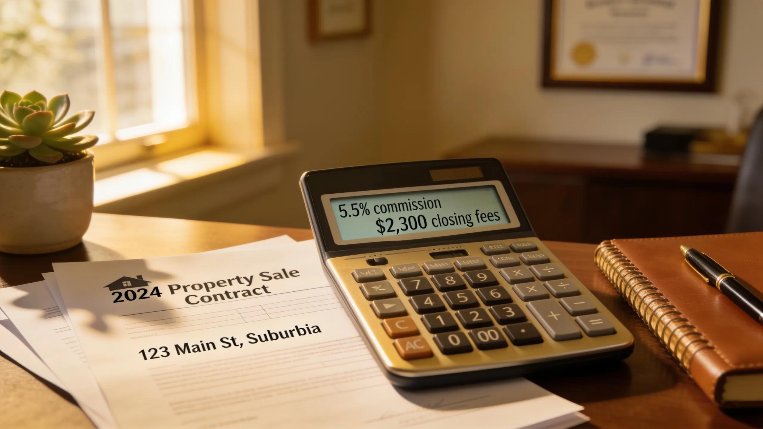 Close-up of a calculator and home sale documents, highlighting financial aspects of real estate fees and commissions