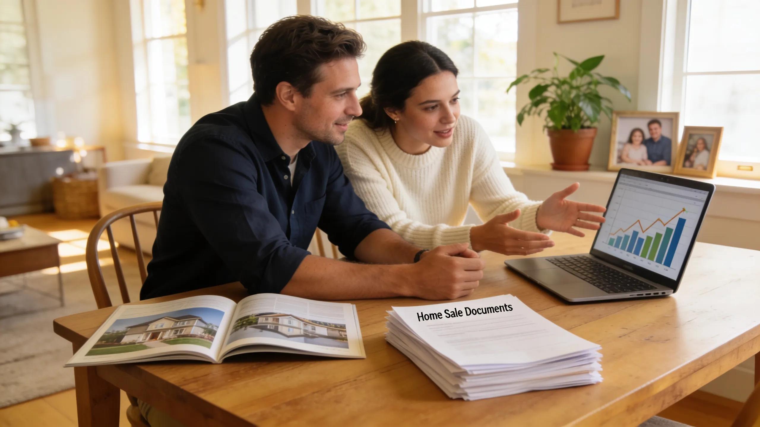 Couple discussing home sale plans with paperwork and laptop in a bright setting