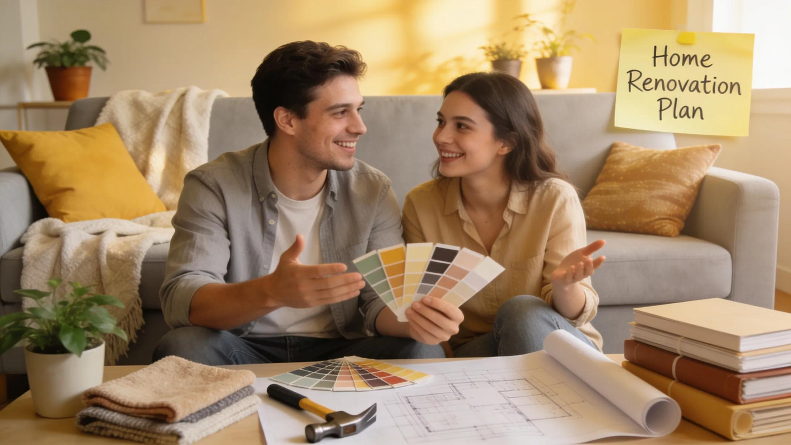 Couple discussing renovations in a cozy living room, representing home equity loan opportunities