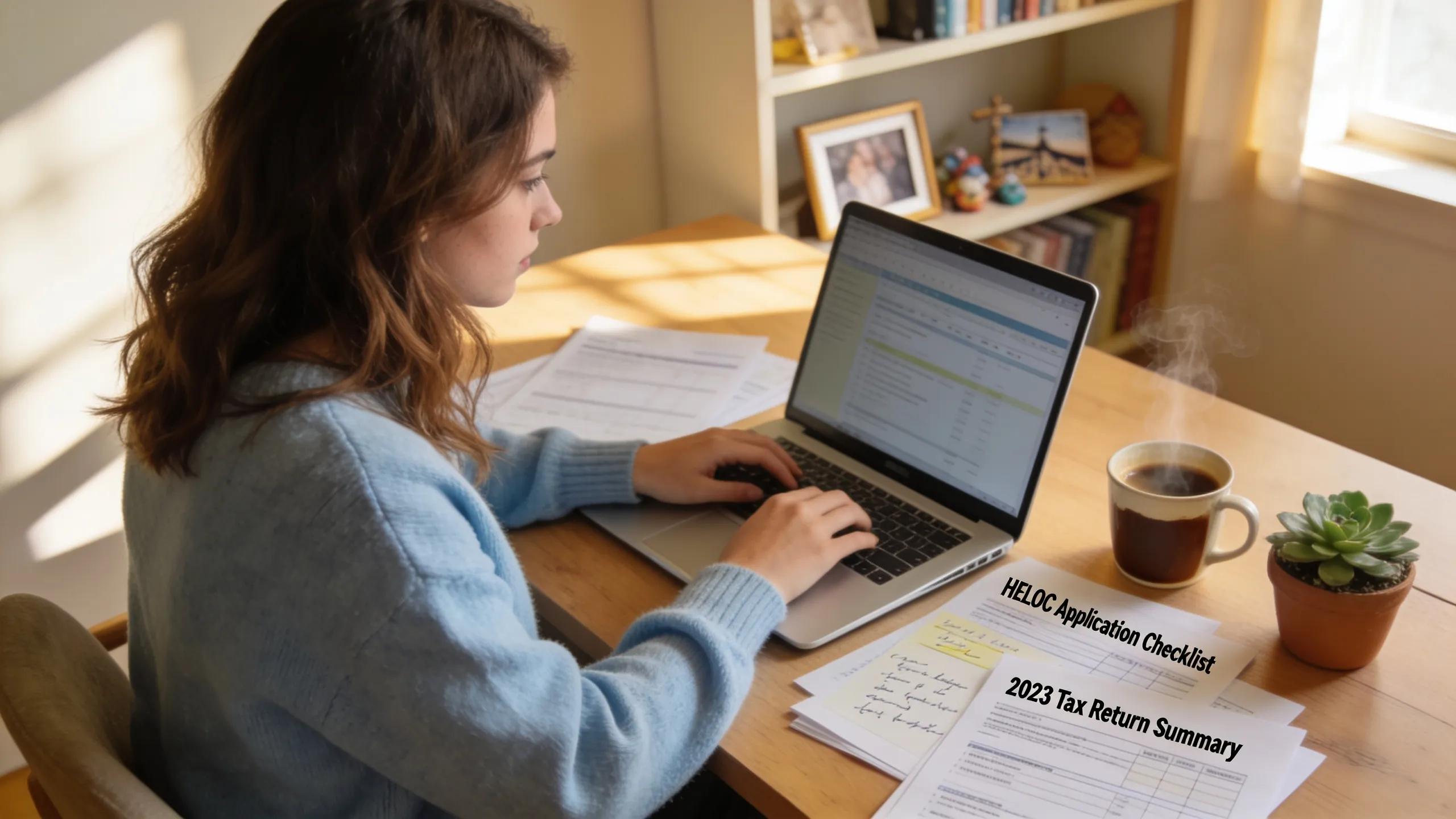 Young woman preparing documents for HELOC application process