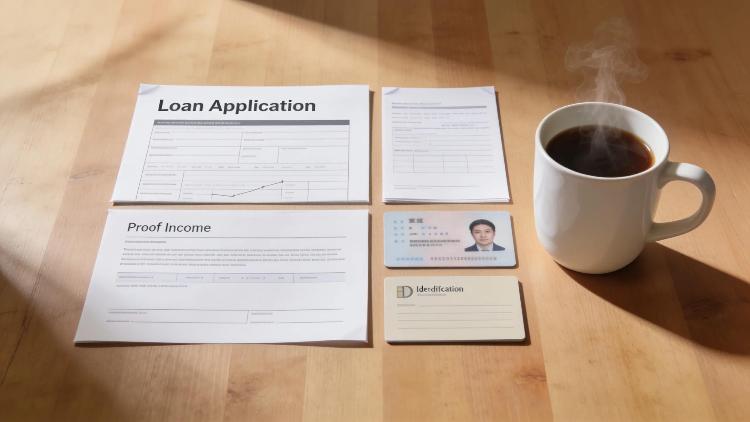 Flat lay of mortgage application documents including proof of income and ID, symbolizing preparation for loan approval