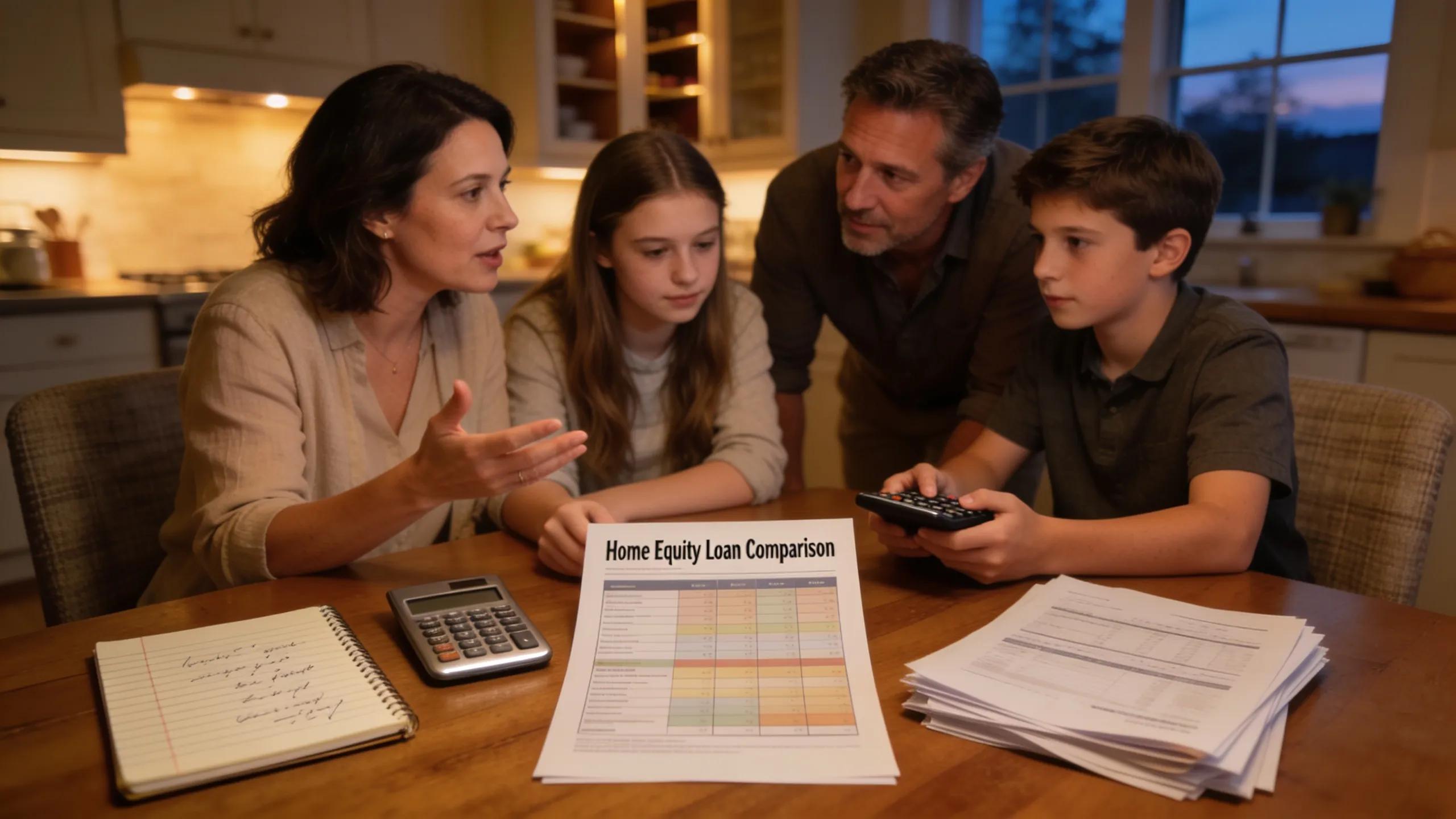 Family discussing home equity loan terms and budgeting together