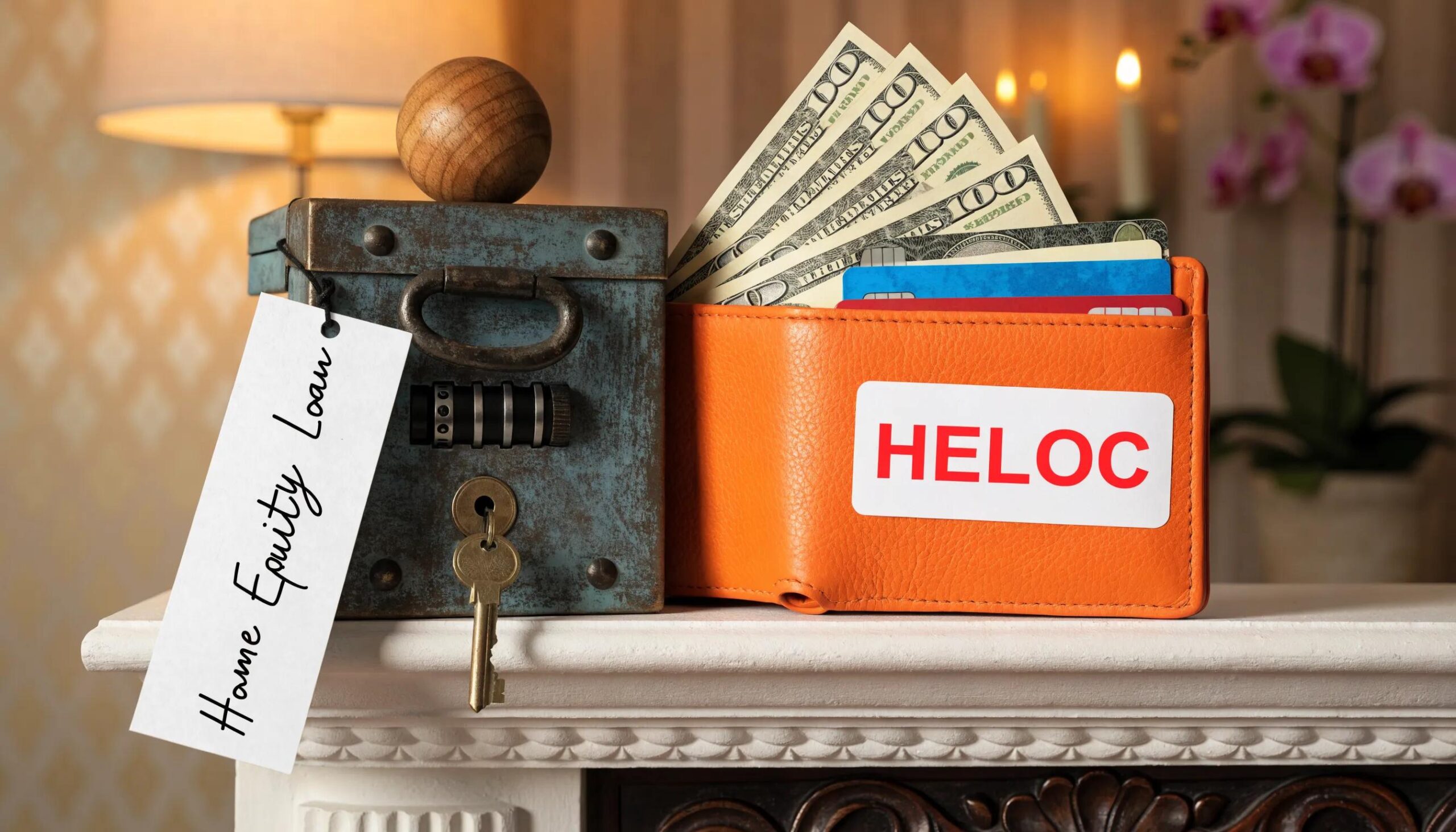 Comparison between Home Equity Loan and HELOC represented by a lock box and an open wallet