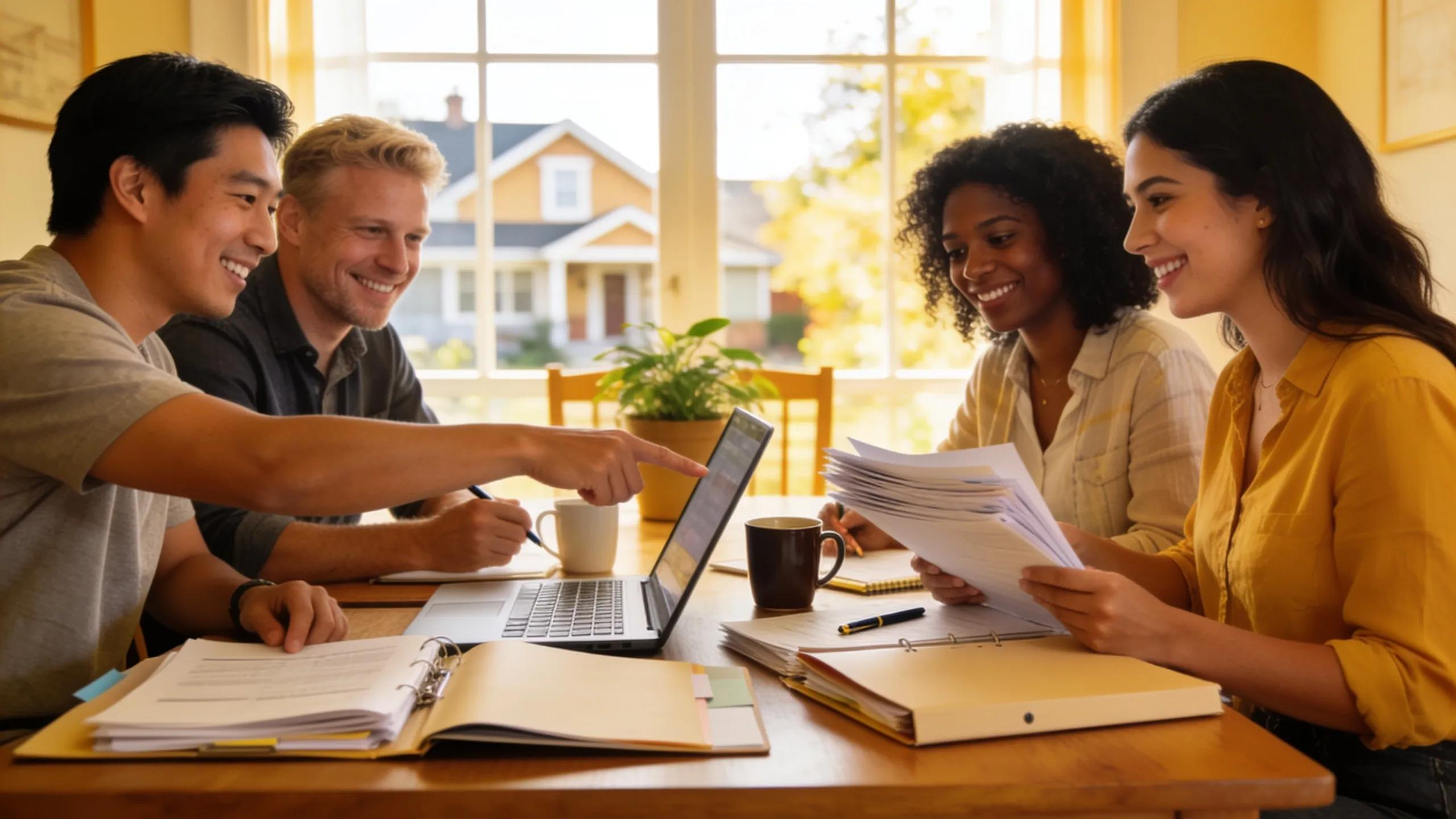 First-time homebuyers collaborating on loan application documents at a dining table.