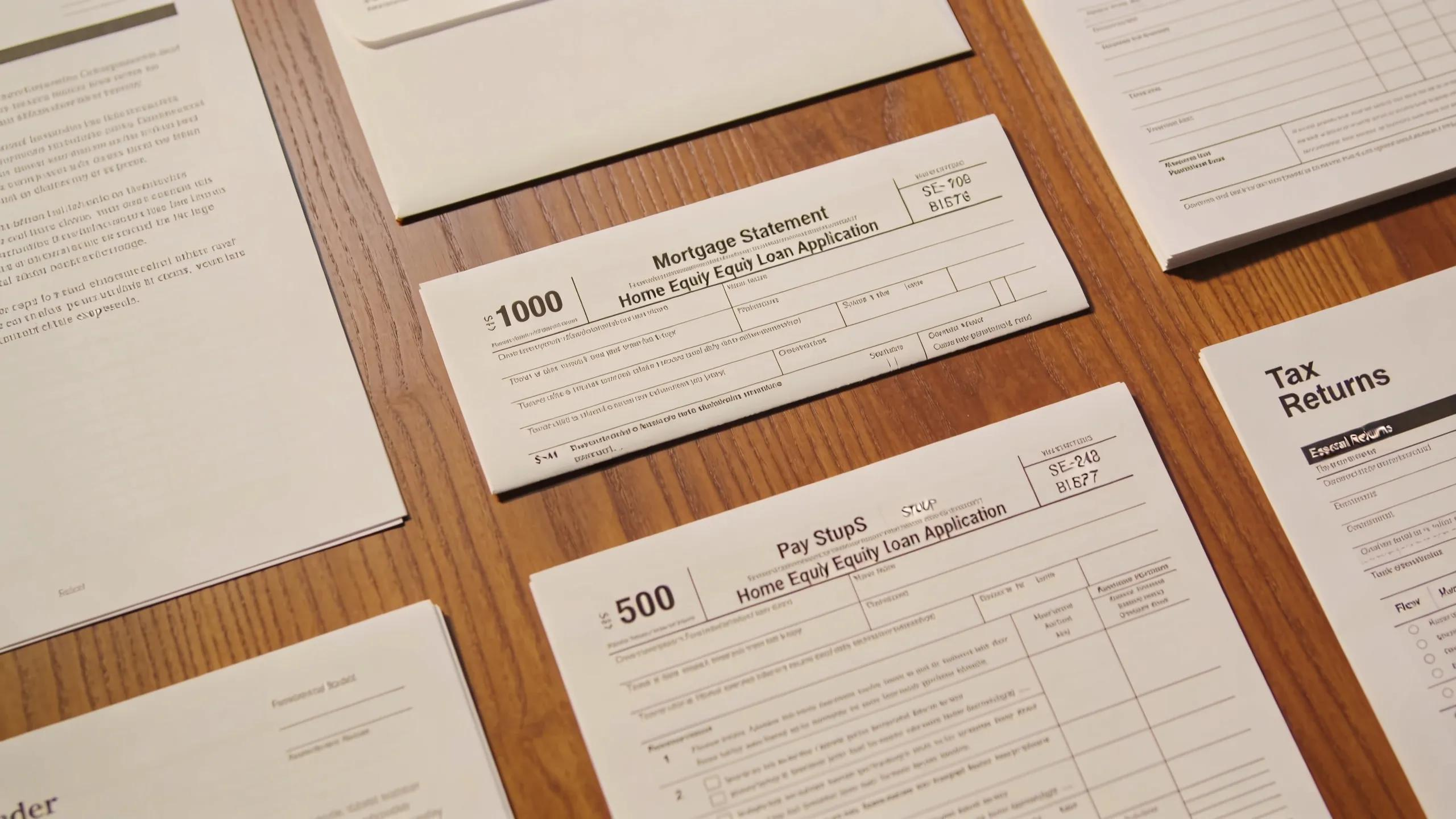 Essential home equity loan application documents including mortgage statement, pay stubs, and tax returns