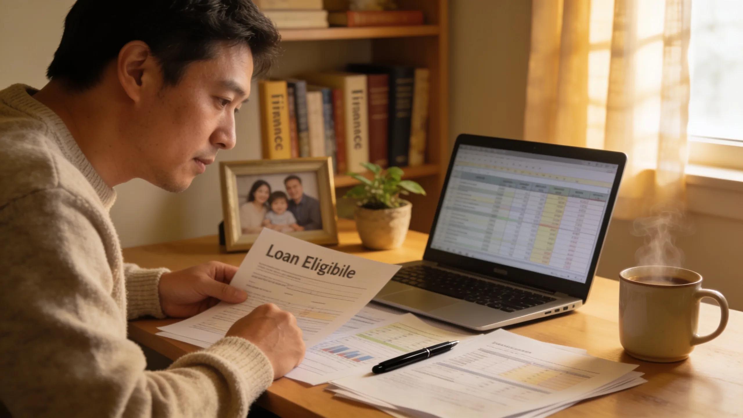 Homeowner reviewing loan eligibility documents in a warm workspace with a laptop and coffee