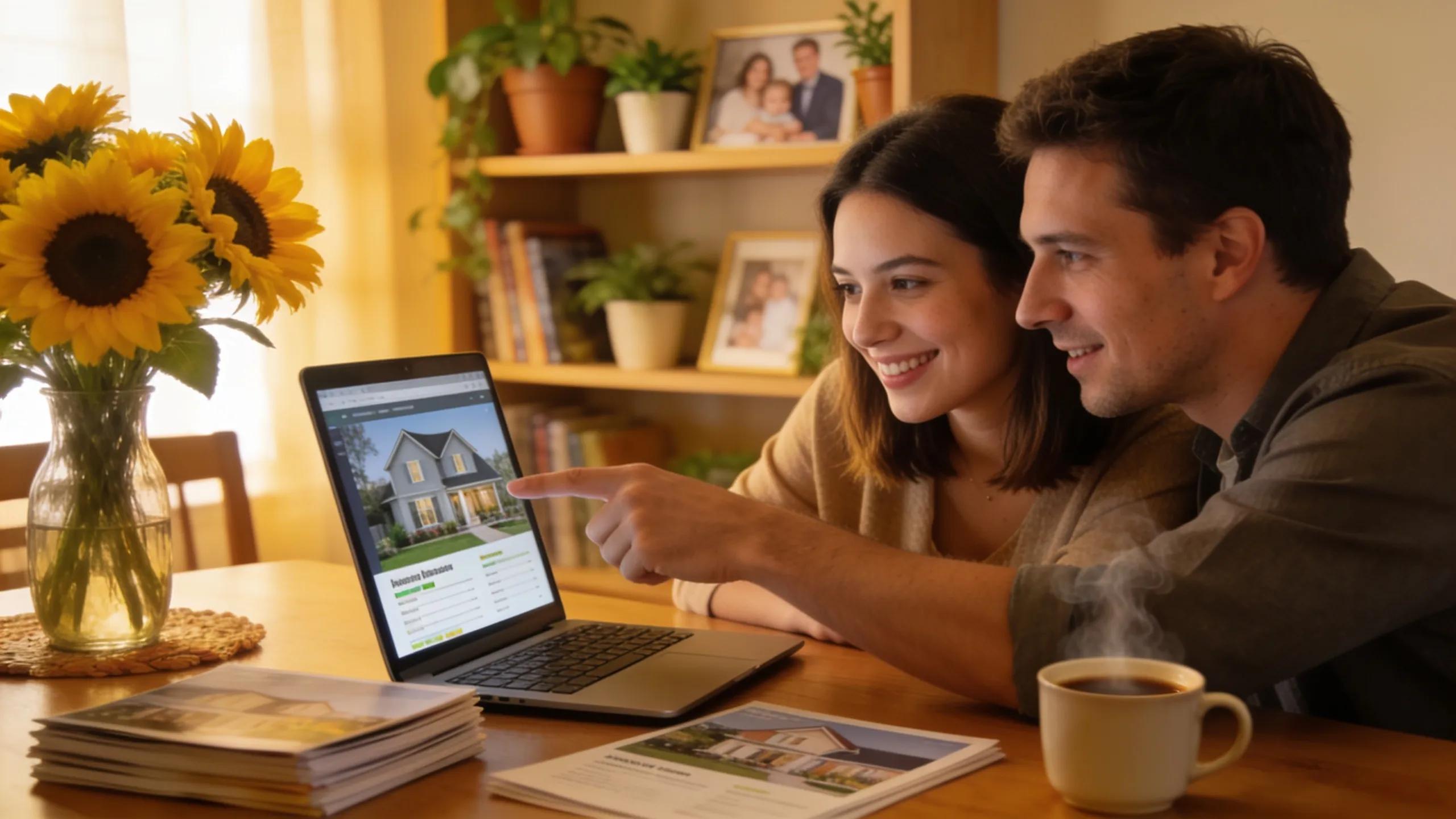 First-time home buyers looking at a house listing on a laptop in a cozy home setting