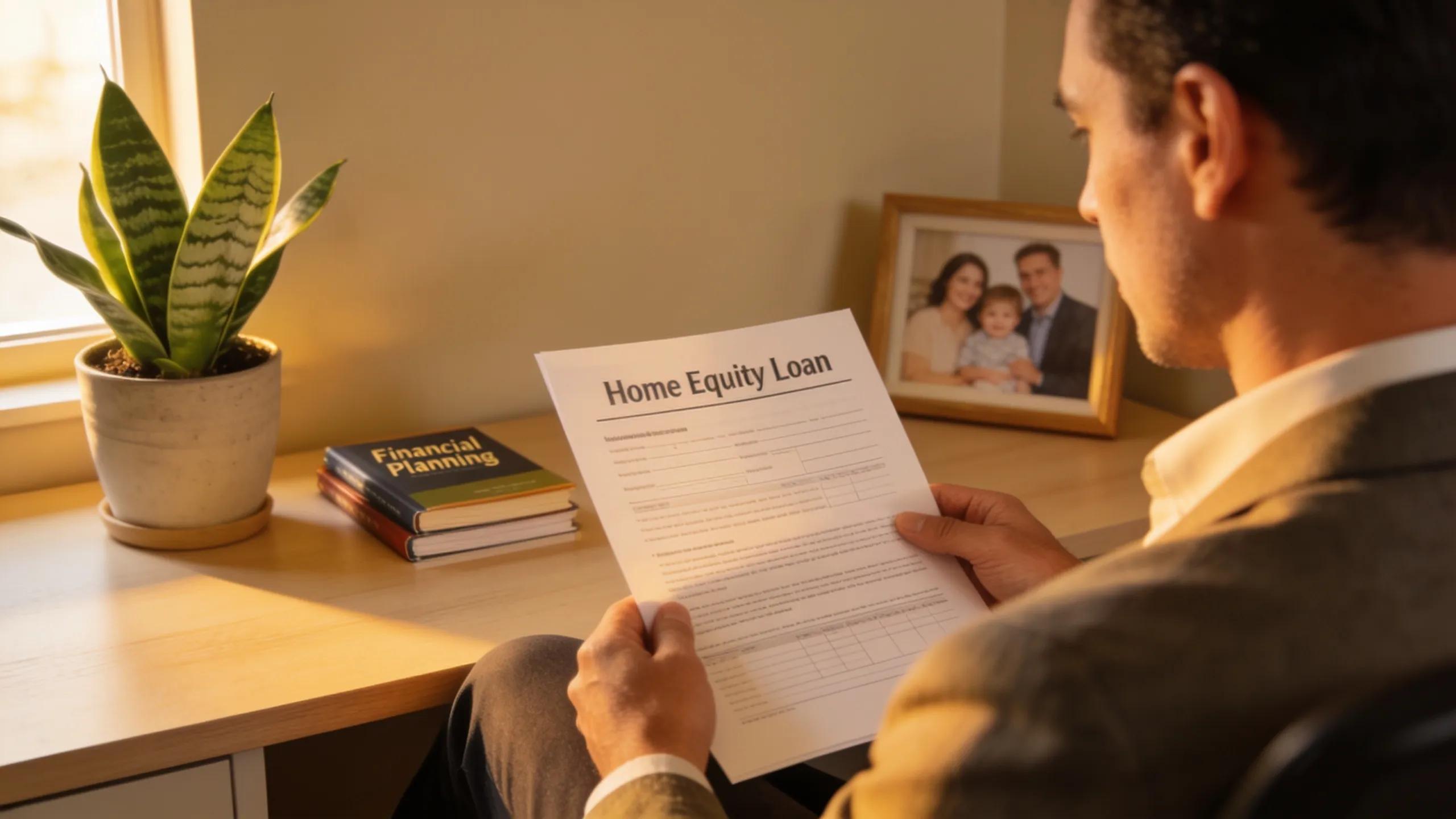 Person reviewing home equity loan document in a cozy home office setting