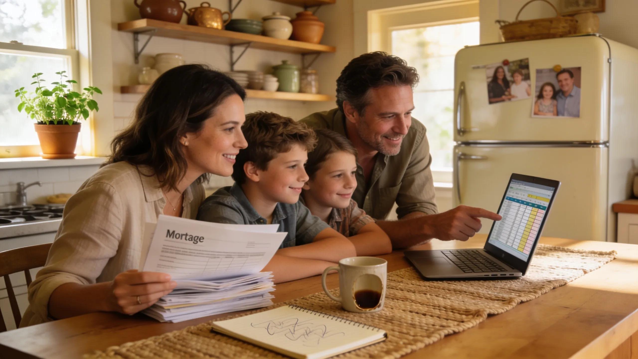 California homeowners discussing financial options with documents and a laptop in a cozy kitchen setting