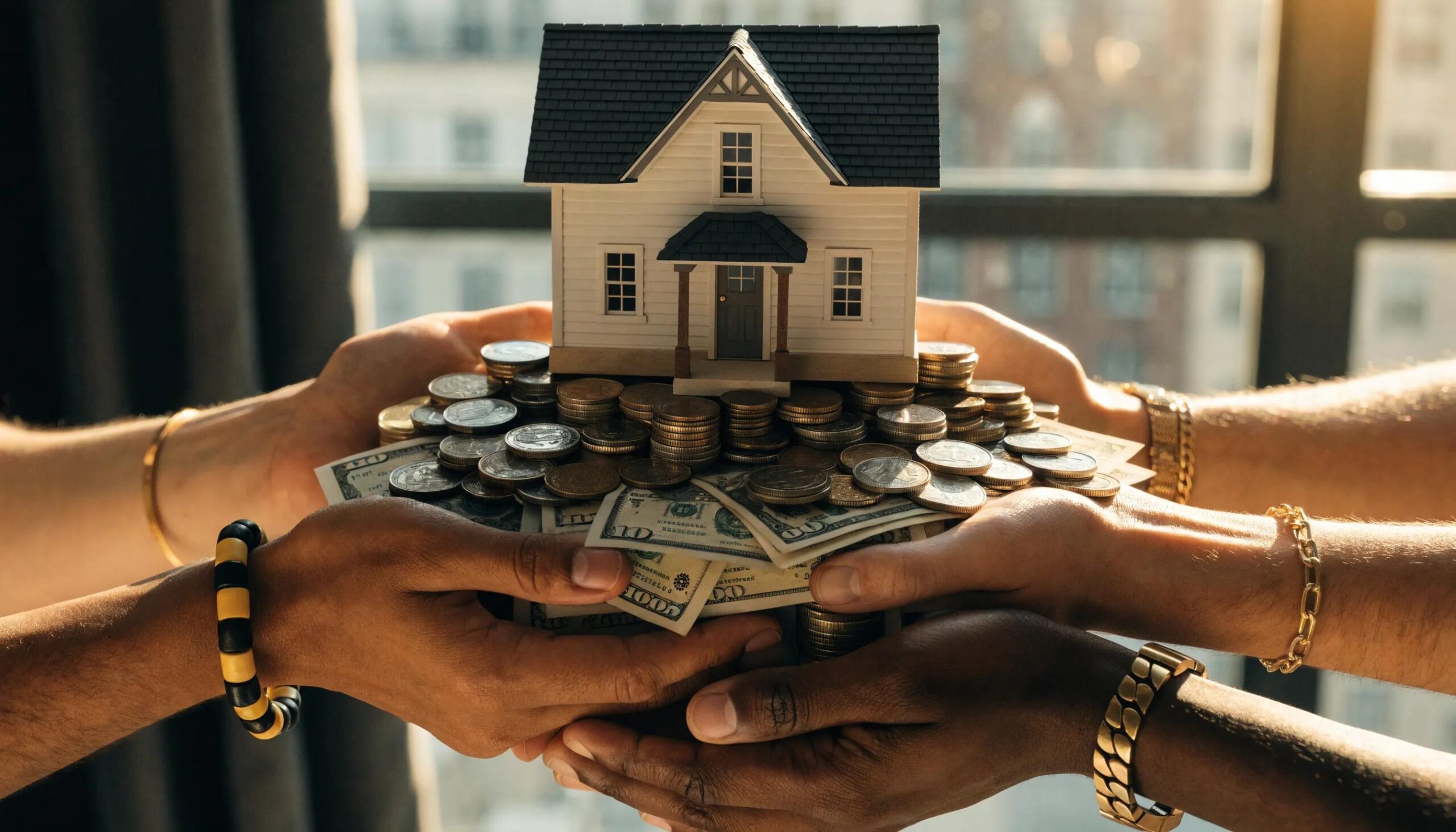 Hands placing a house model on money, symbolizing down payment assistance for first-time home buyers