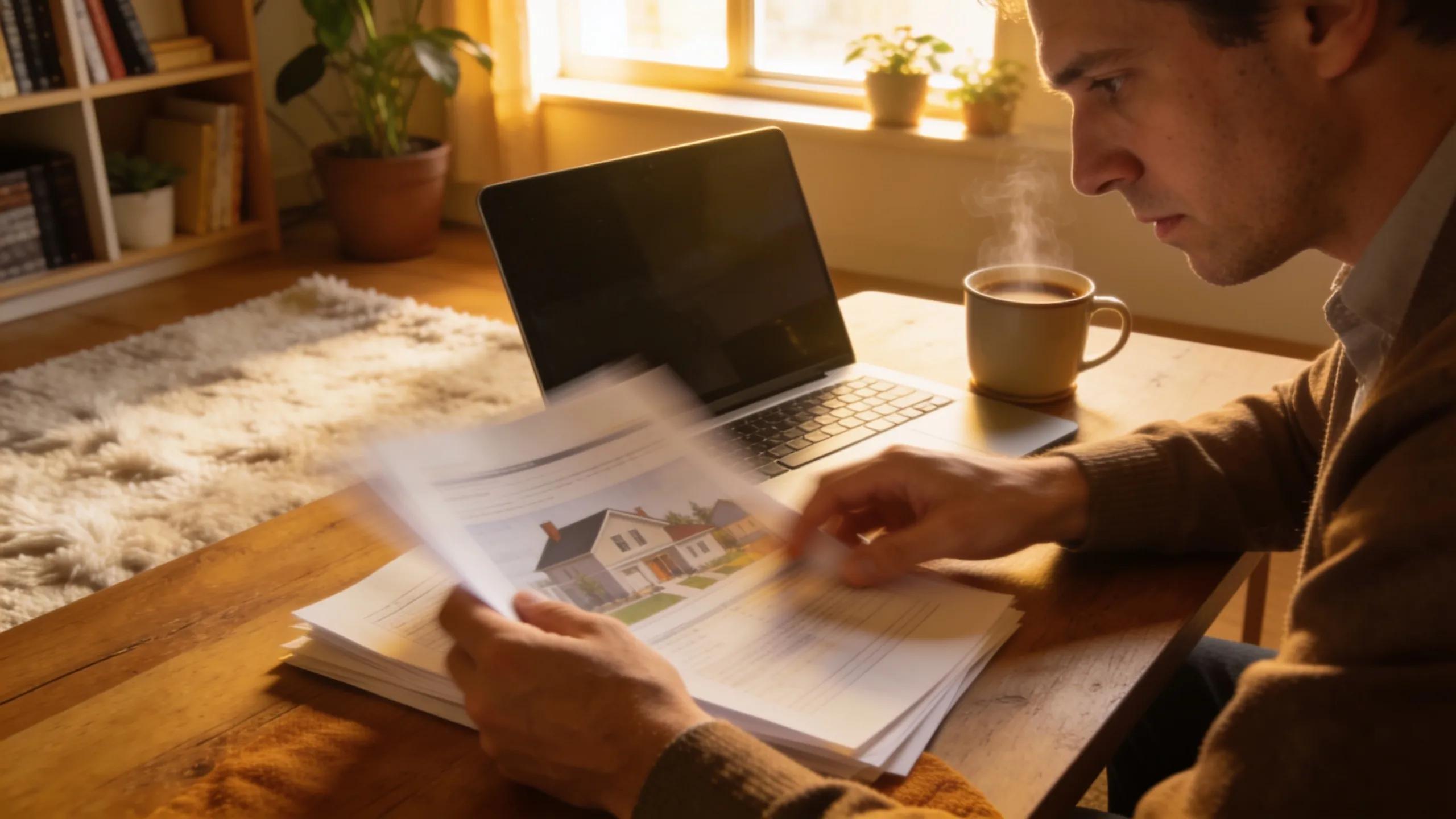 Real estate investor reviewing documents in a cozy home setting