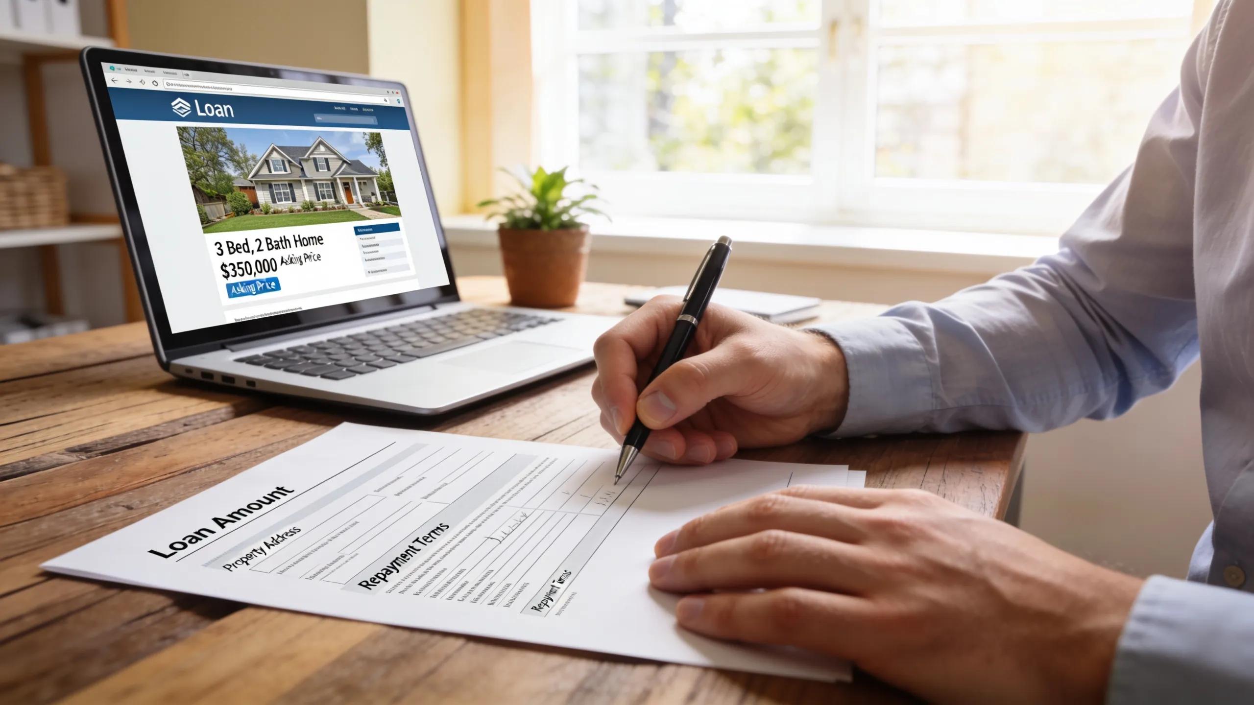 Person filling out a hard money loan application at a bright desk