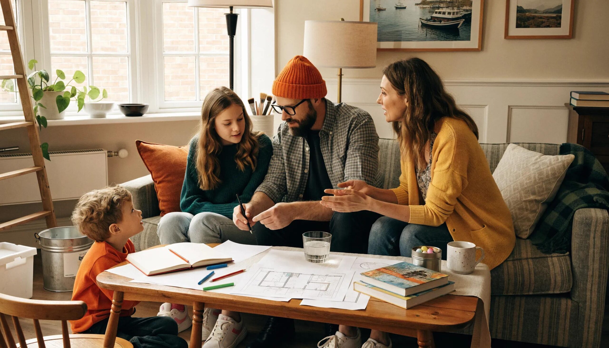 Cozy family discussing home equity financing options in a warm living room