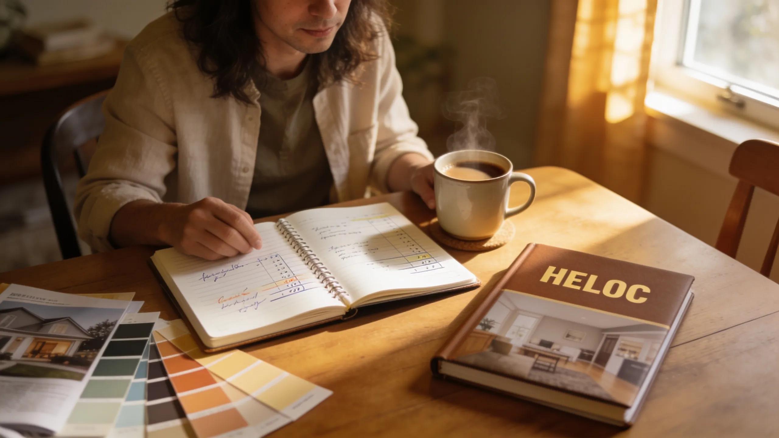 Homeowner planning home renovations with financial documents and coffee on a dining table