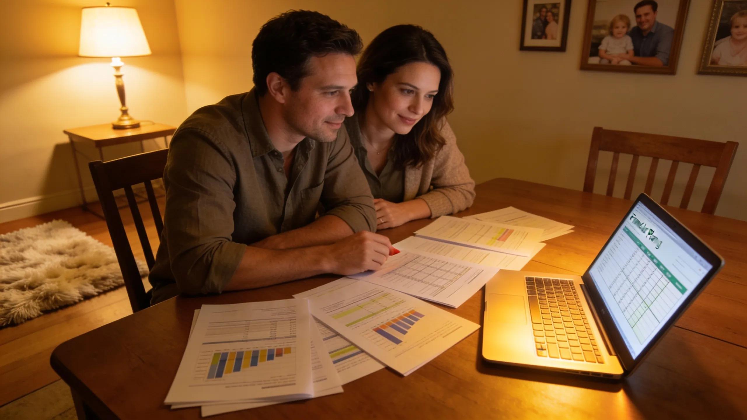 Couple discussing home equity financing in a cozy setting with documents and a laptop
